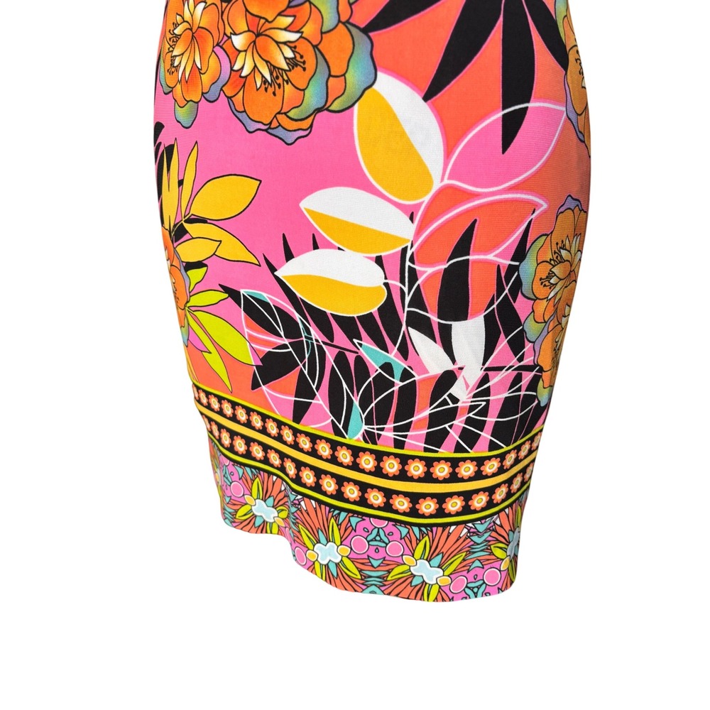 Tropical Floral Print Cache Sheath Dress Sleeveless Boat Neck 6 Pink Multi - Picture 6 of 10